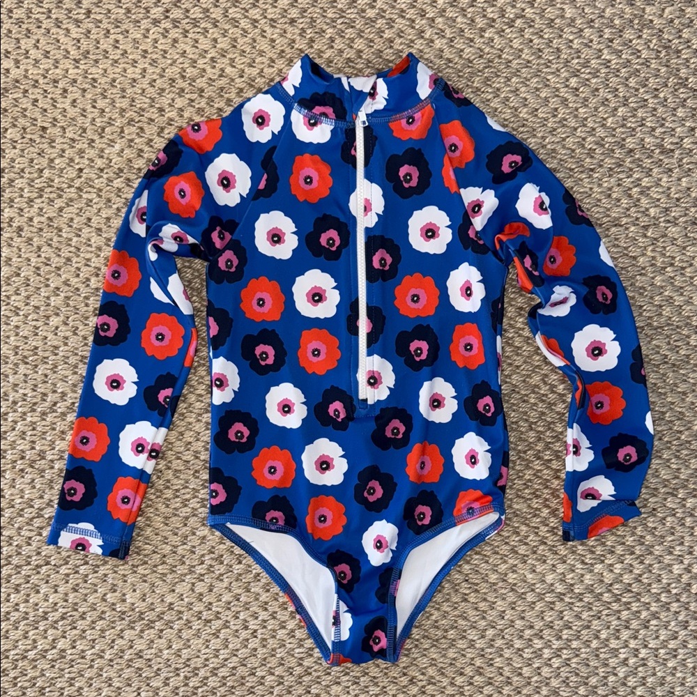 Lake Label Girls Flower One Piece Rashguard Swimsuit Blue, Red, White size 4-5